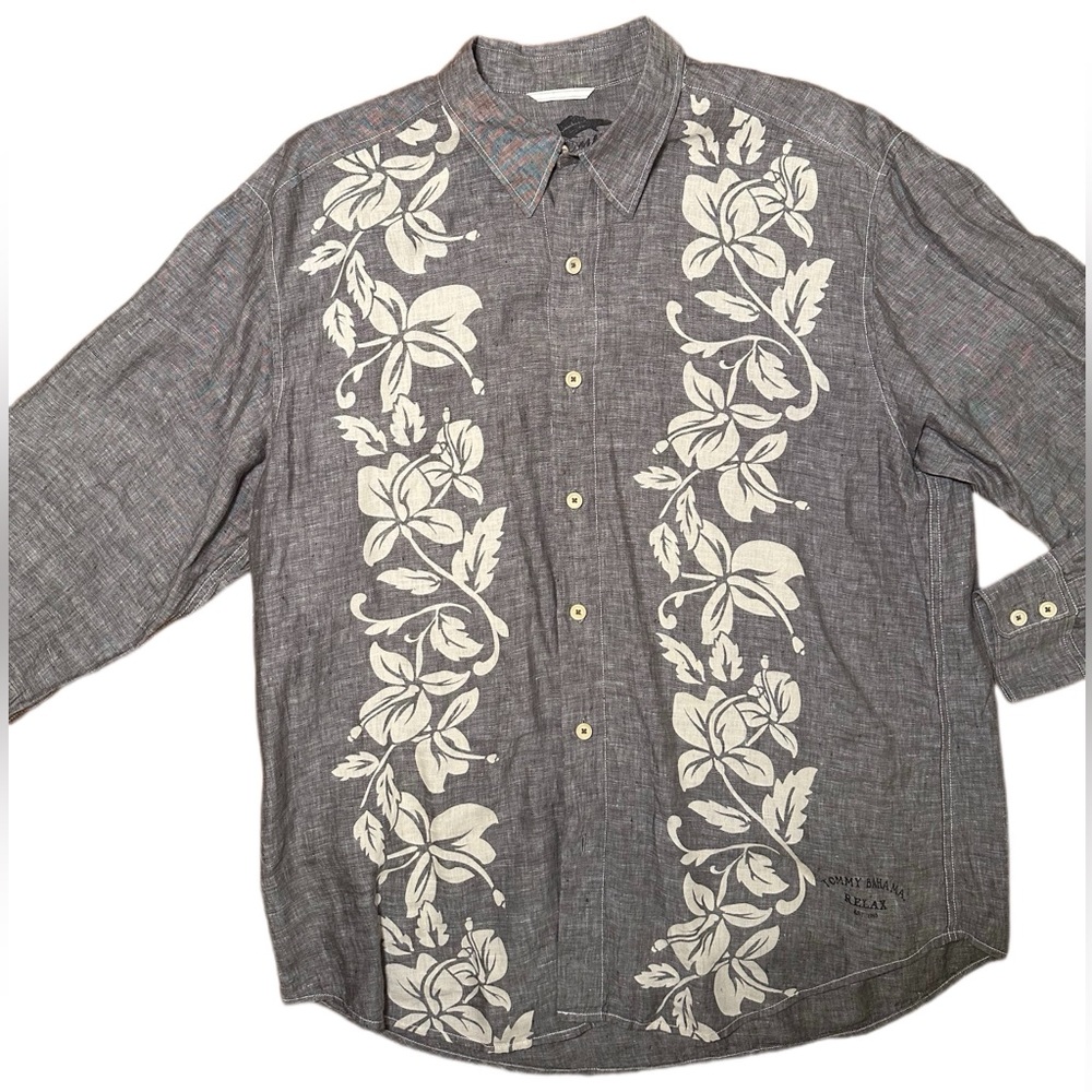 Tommy Bahama Gray Shirt with Cream Floral Accent